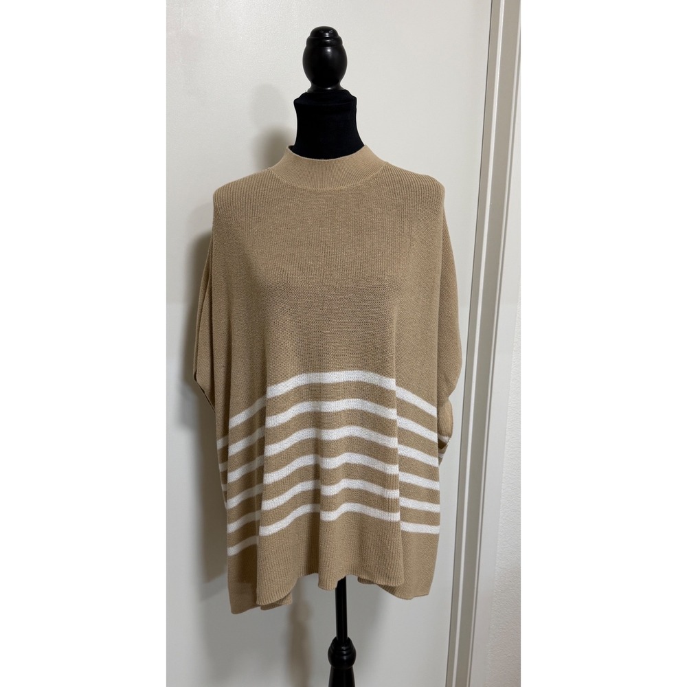 J.Crew Striped Knit Poncho Sweater Tan White Mock Neck OS Cotton Wool Blend